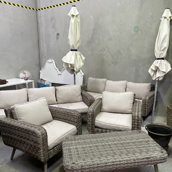 Almalfi Wicker Outdoor Setting with 2 umbrellas and one stand. 2 x 3 seaters, 2 armchairs, 1 glass top table