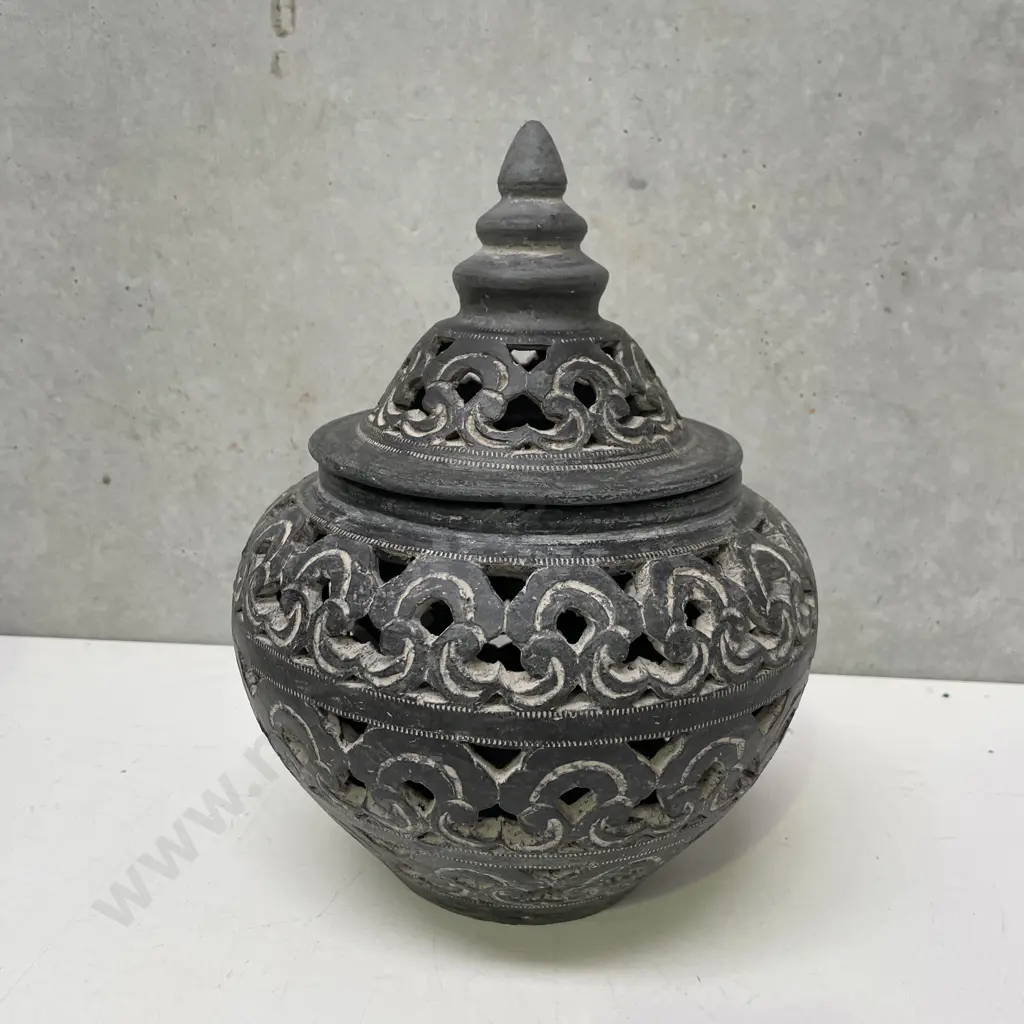 Pierced Clay LIdded Outdoor Lantern/Urn H30cm Image 1++