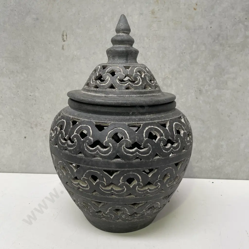 Pierced Clay LIdded Outdoor Lantern/Urn H39cm Image 1++