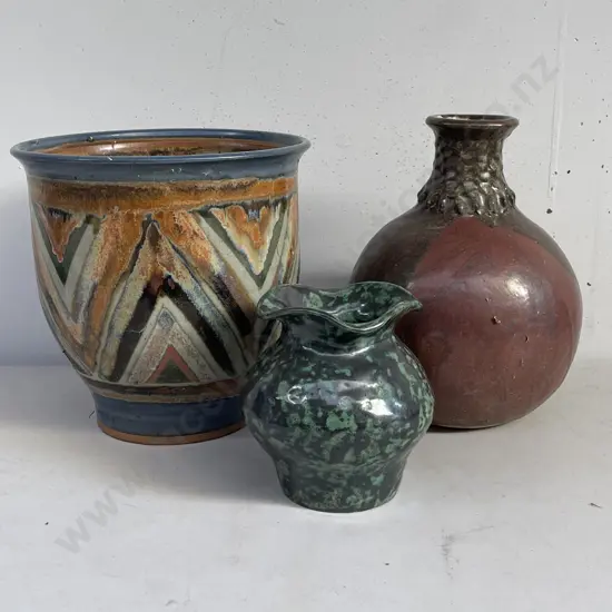 3 Art pottery Items some signed. Largest H32cm