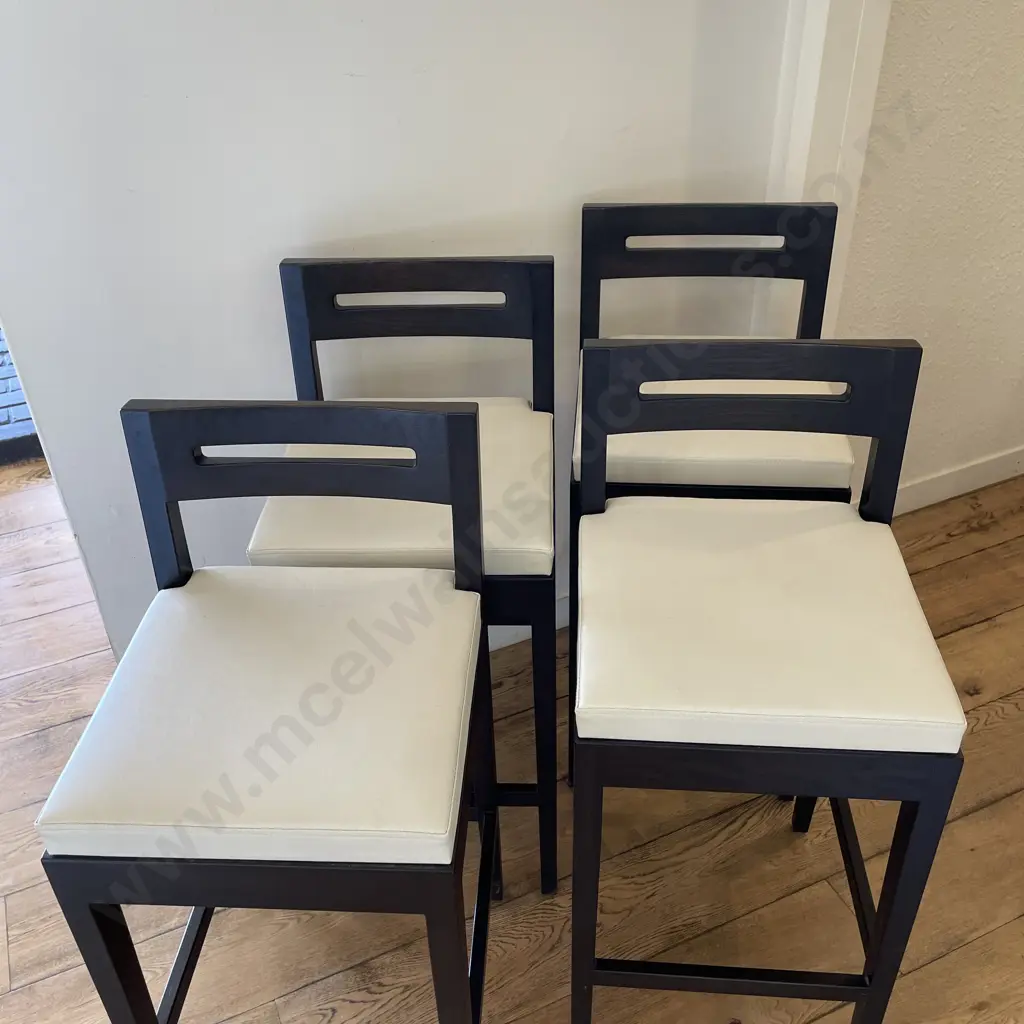 Set of 4 Ex Danske Mobler Bar Stools. Solid Stained Oak with Off white Leather seats. Image 1++