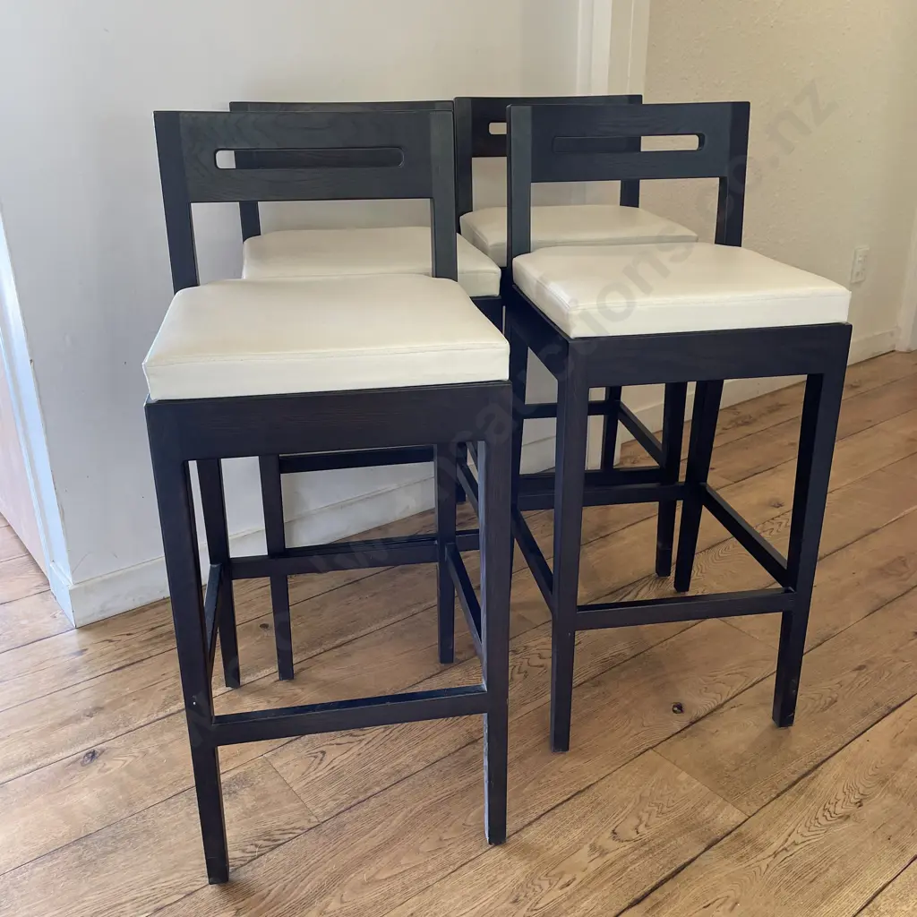 Set of 4 Ex Danske Mobler Bar Stools. Solid Stained Oak with Off white Leather seats. Image 1++