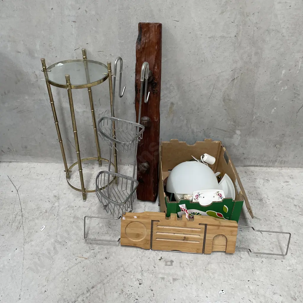 Assorted items including Drift Wood Coat Rack, light shades, bathroom caddys etc Image 1++