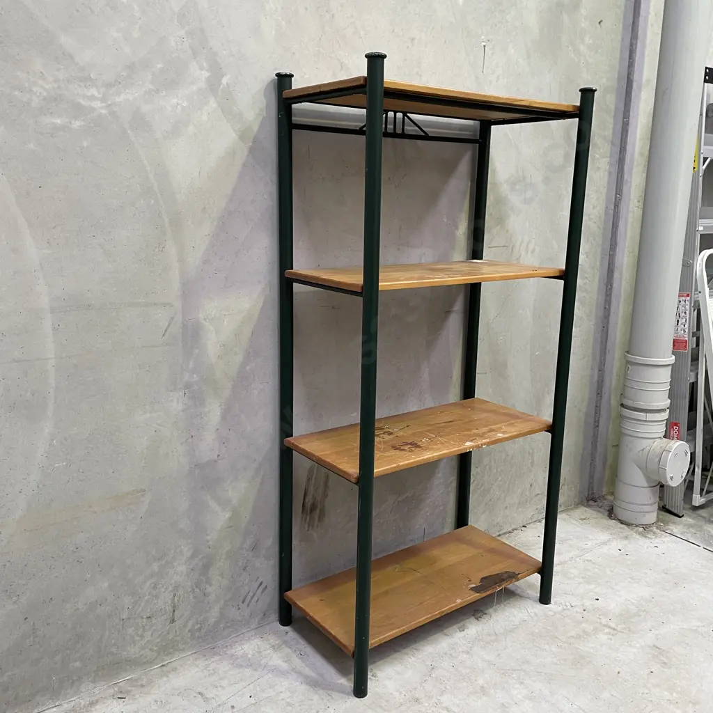 4 Tier Shelving Unit, green painted Metal Frame with Woode Shelves. H161 W80 D43cm Image 1++