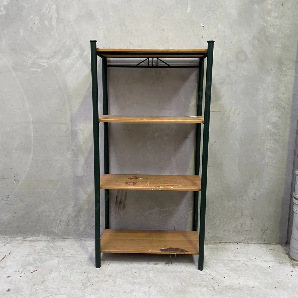 4 Tier Shelving Unit, green painted Metal Frame with Woode Shelves. H161 W80 D43cm Image 1++