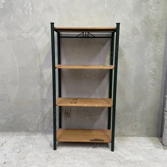 4 Tier Shelving Unit, green painted Metal Frame with Woode Shelves. H161 W80 D43cm