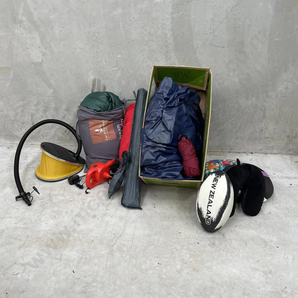 Assorted items including Air Bed with foot pump and electric pump, sleeping Bag etc Image 1++