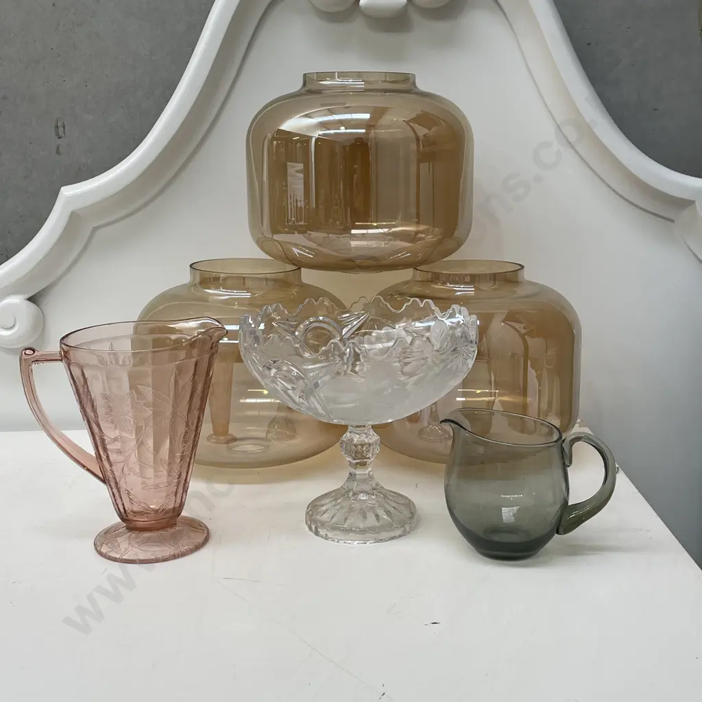 Vintage Glassware including 3 large amber glass shades Image 1++