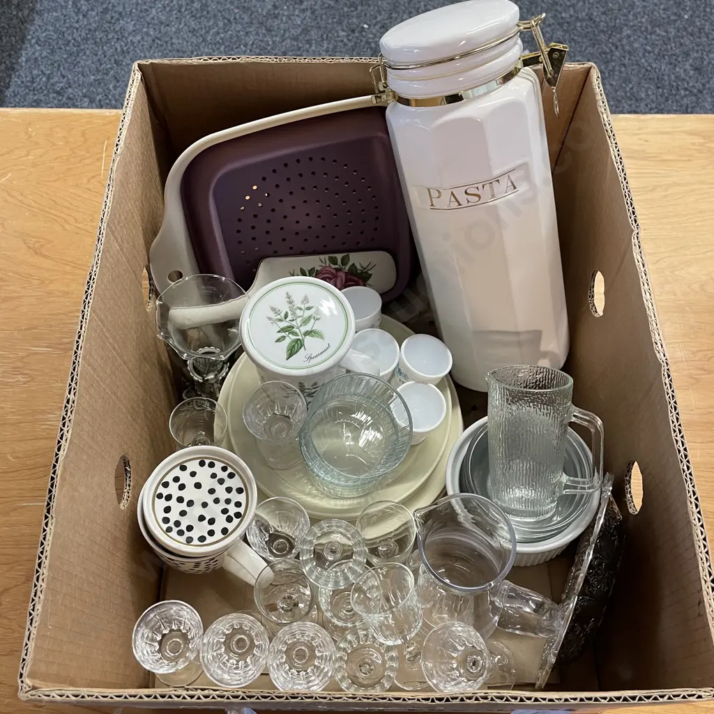 Box of Assorted including Glassware, Crown Lynn Plates, Pasta Cannister etc Image 1++