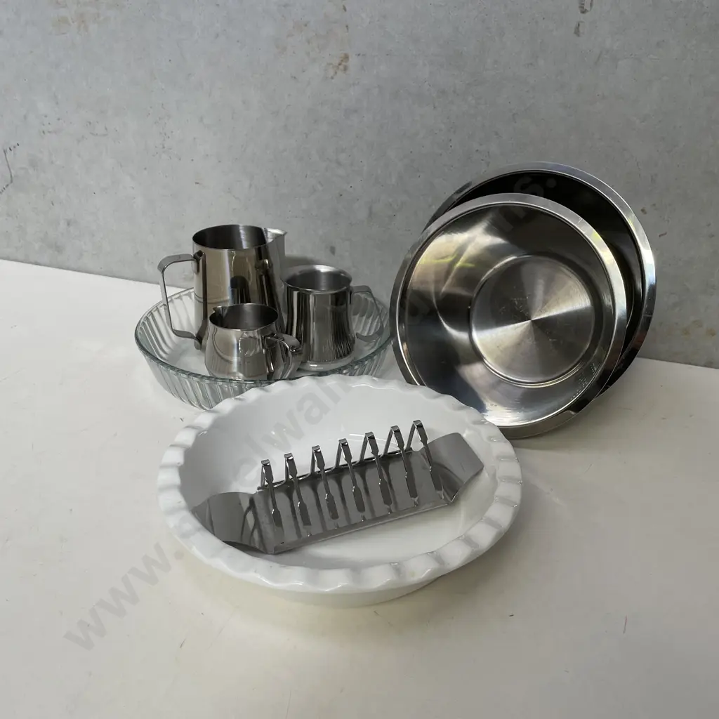 Assortment of Stainless Steel Kitchenware with Ovenware Flan Dishes Image 1++