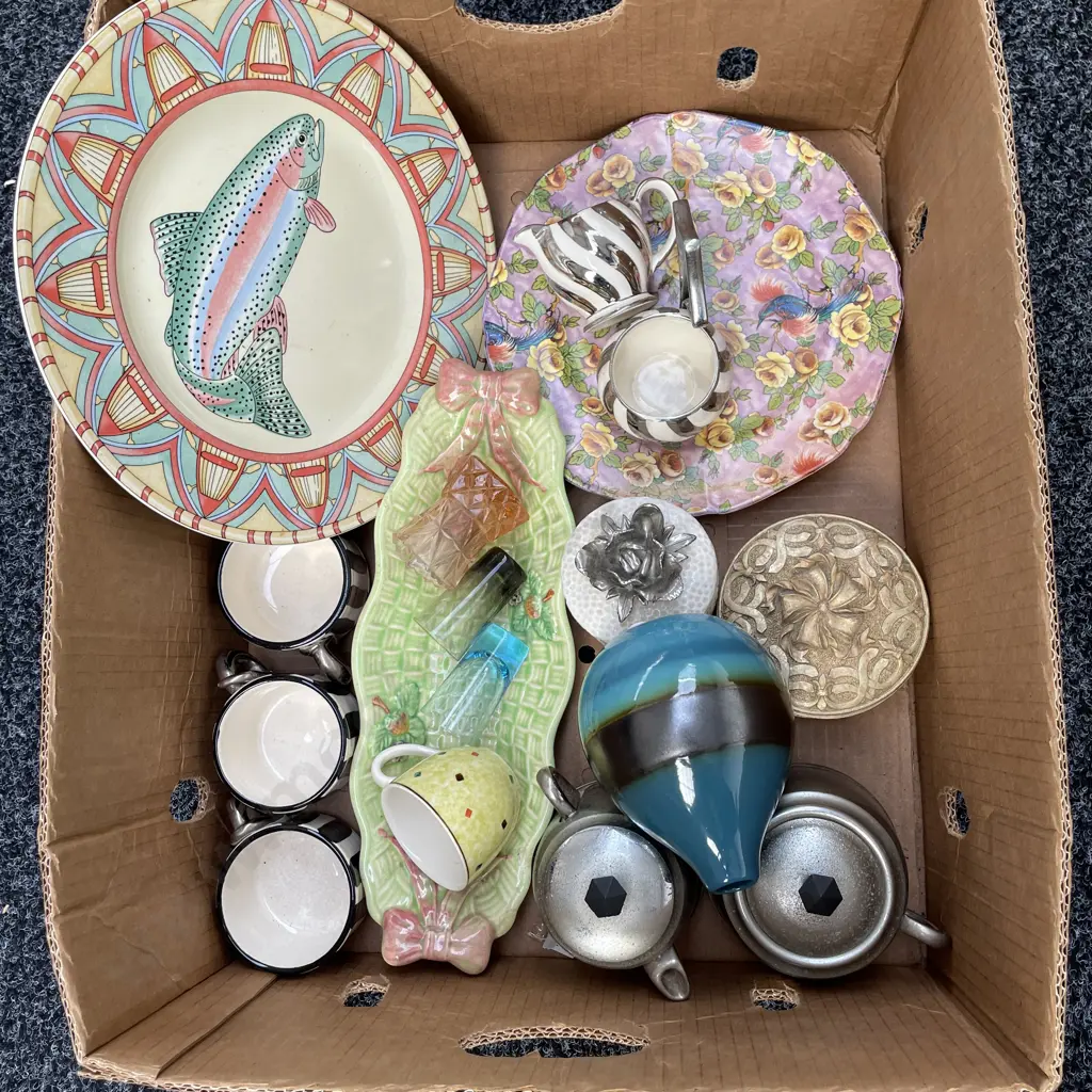 Box of Assorted Collectable items including Peter Faulkner Pottery etc Image 1++