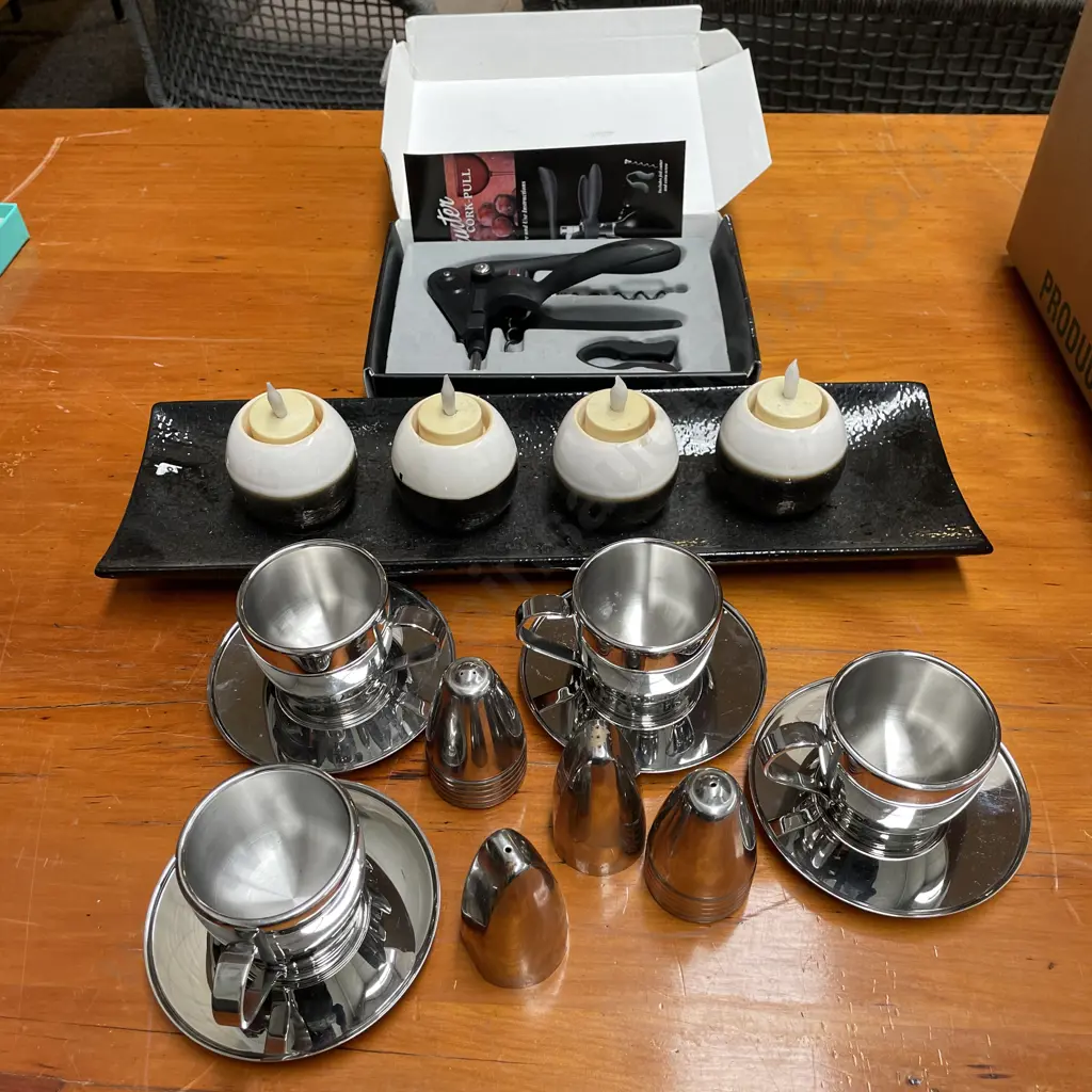Boxed Hunter Cork-Pull, Stainless Steel Duos x 4 with Salt and Pepper Shakers with Candle Holder Tray with 4 candle pots Image 1++