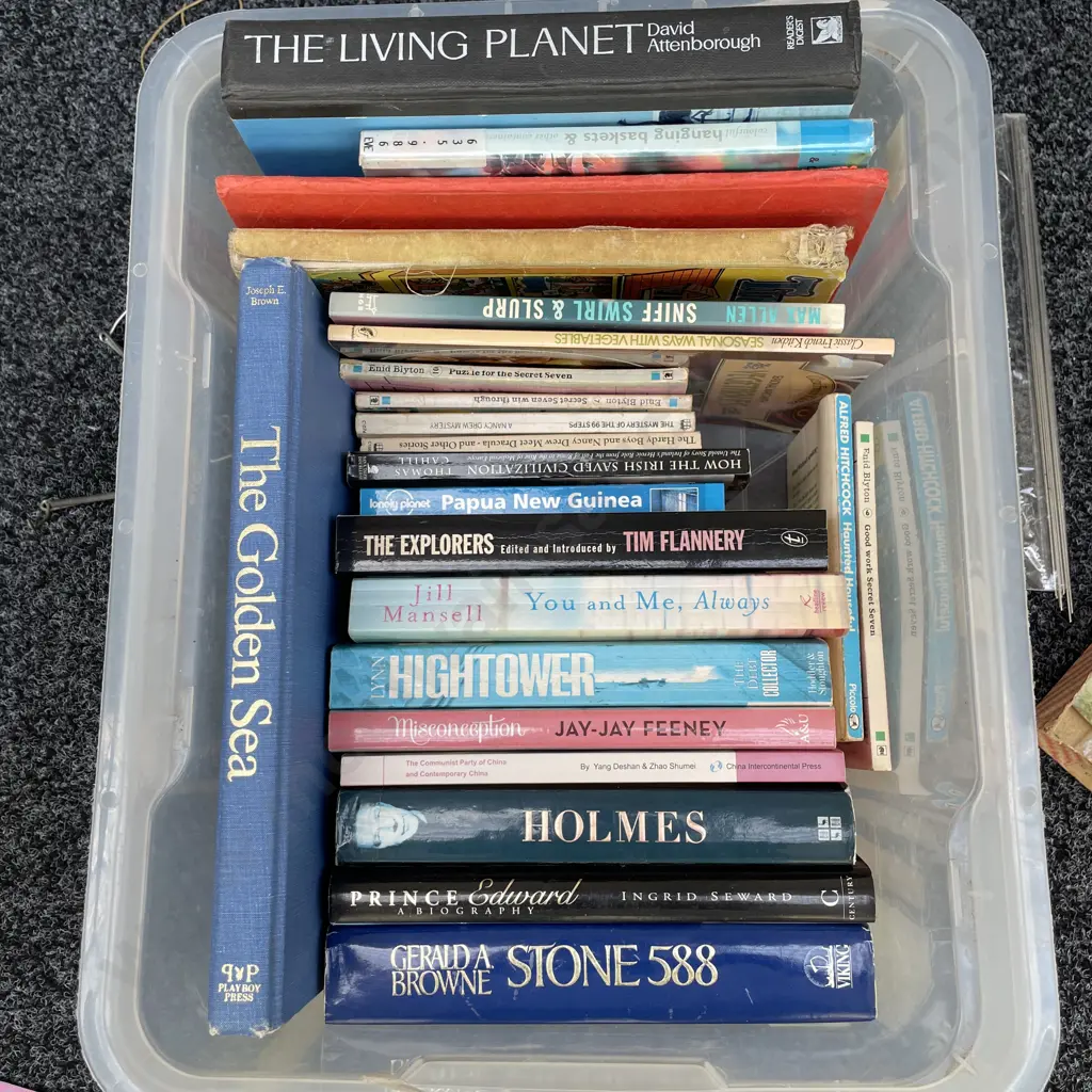 Plastic Container of Assorted Books Image 1++