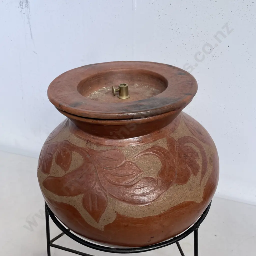 Large Pottery Vessel on Wrought Stand. H46cm Image 1++