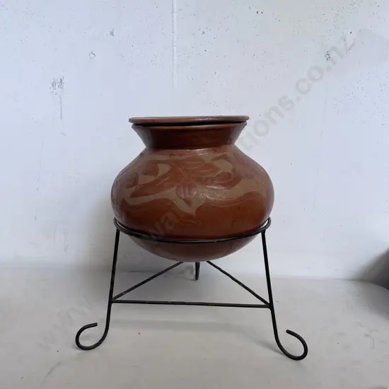 Large Pottery Vessel on Wrought Stand. H46cm