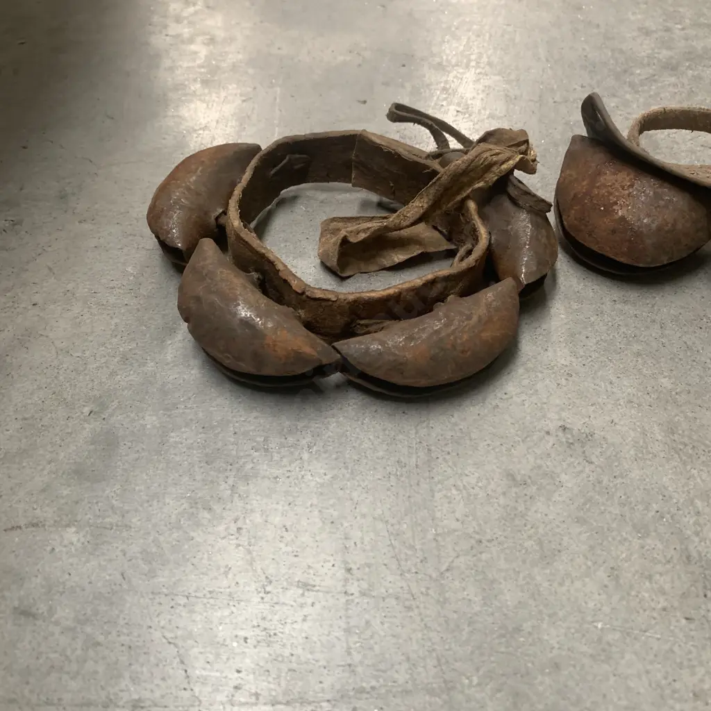 Pair of Vintage Metal Neck Bells, on leather straps Image 1++