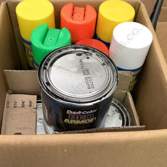 Various items including 6 as new spray paint cans and 3 x 946ml Bed Armor Kevlar Paint Tins