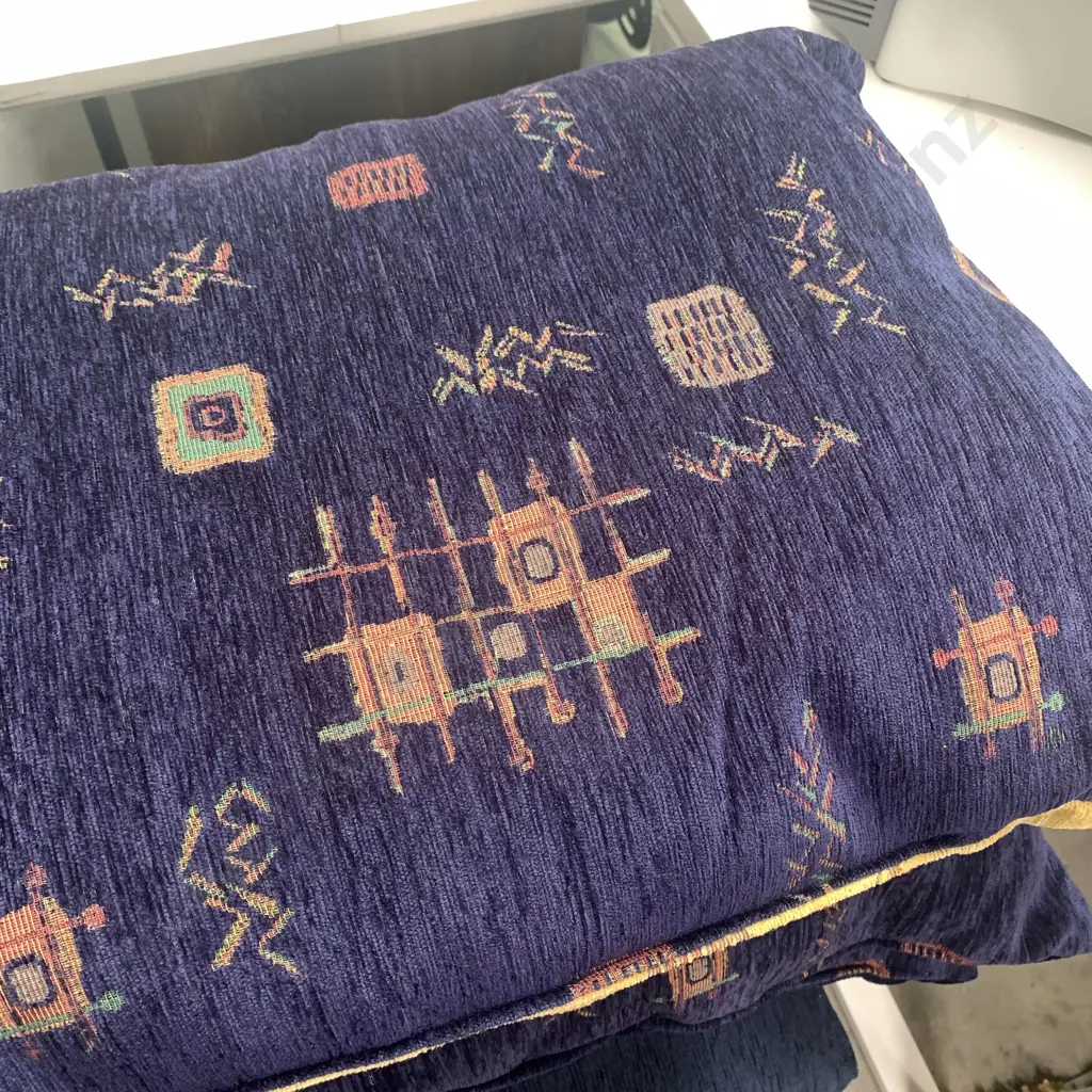 Assorted Large Cushions and Squabs. Navy Blue and gold fabric. Image 1++