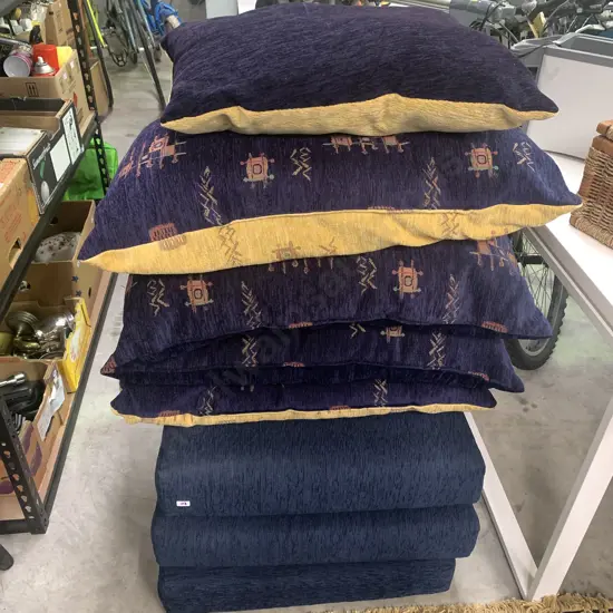 Assorted Large Cushions and Squabs. Navy Blue and gold fabric.