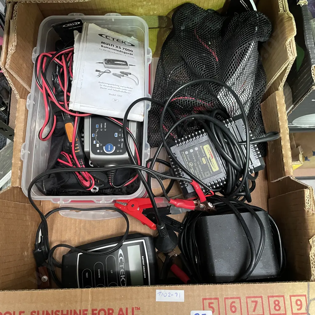 Box lot of various Battery chargers and testers Image 1++