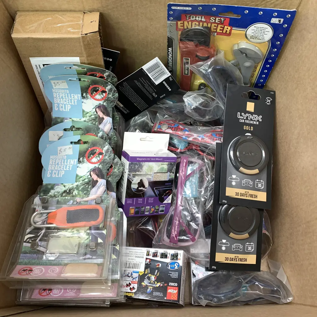 Box of assorted including Sunglasses, Car Deodorisers, Mosquito Repellent Bracelets etc Image 1++