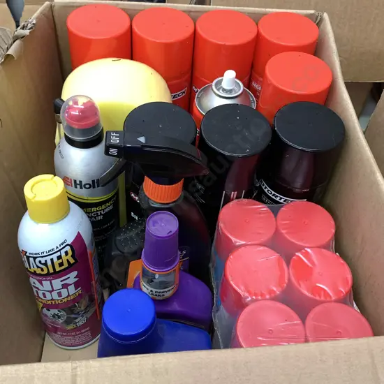 Box lot - incl 6 Cans Heavy Duty Degreaser, 3 Tins Silicon Spray, 6 cans CRC Peel Off Label Remover, Armoral Cleaner etc