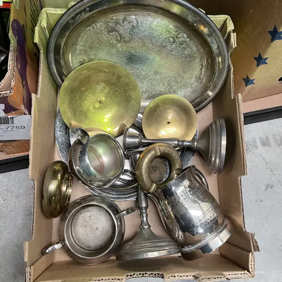 Box of assorted Brass and Silverware Items