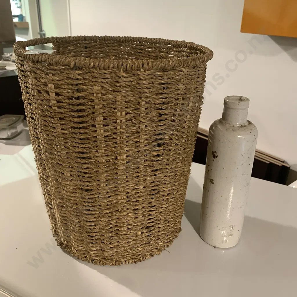 Woven wastepaper basket with vintage stoneware bottle Image 1++