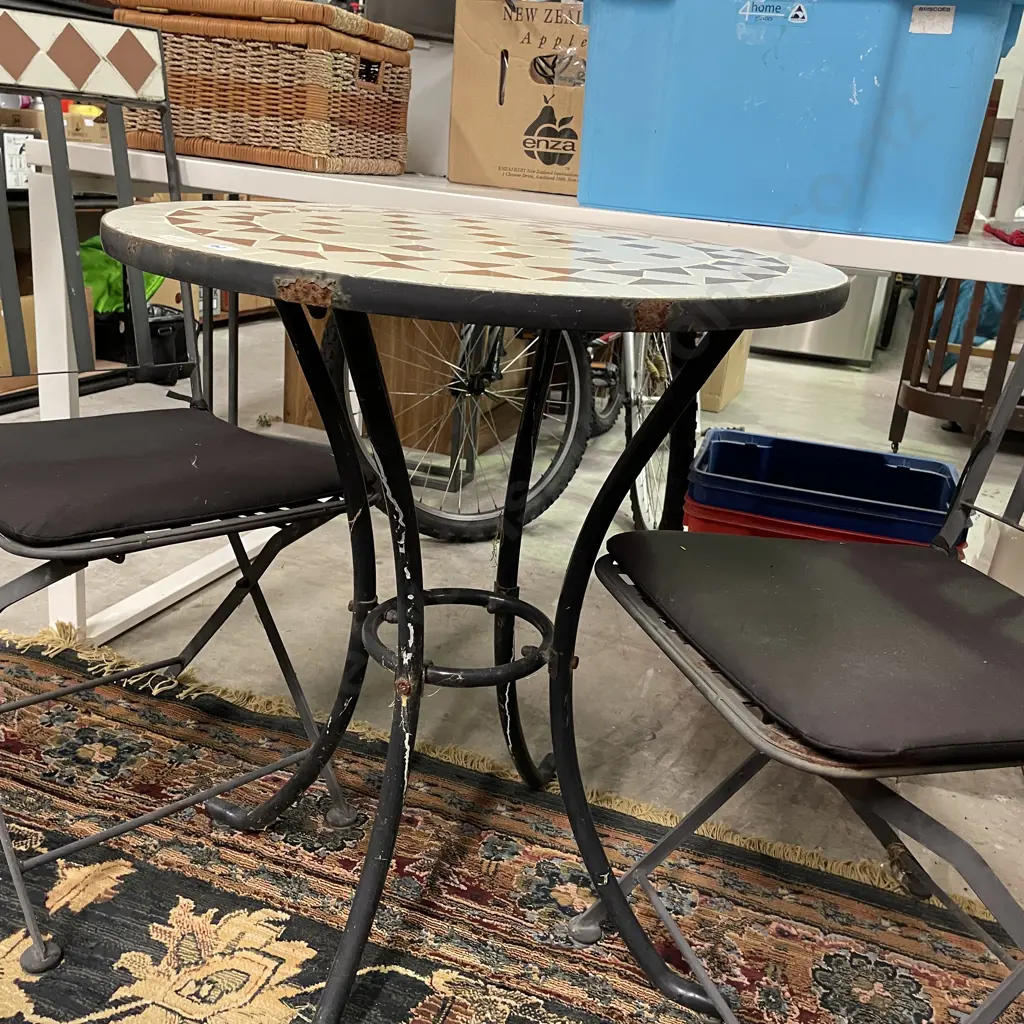 3 Piece Outdoor Setting, Tiled Top Outdoor Table, (some rust) Image 1++