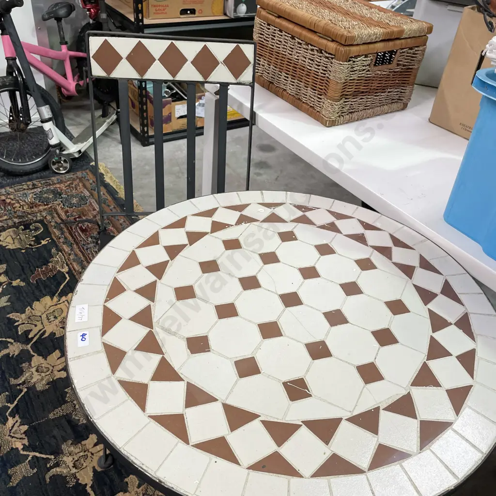 3 Piece Outdoor Setting, Tiled Top Outdoor Table, (some rust) Image 1++