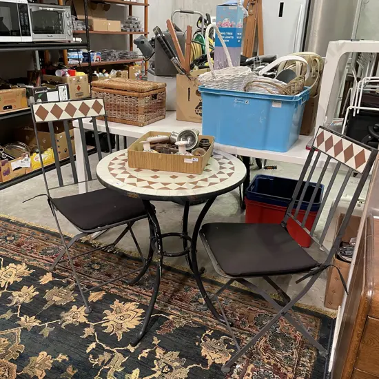 3 Piece Outdoor Setting, Tiled Top Outdoor Table, (some rust)