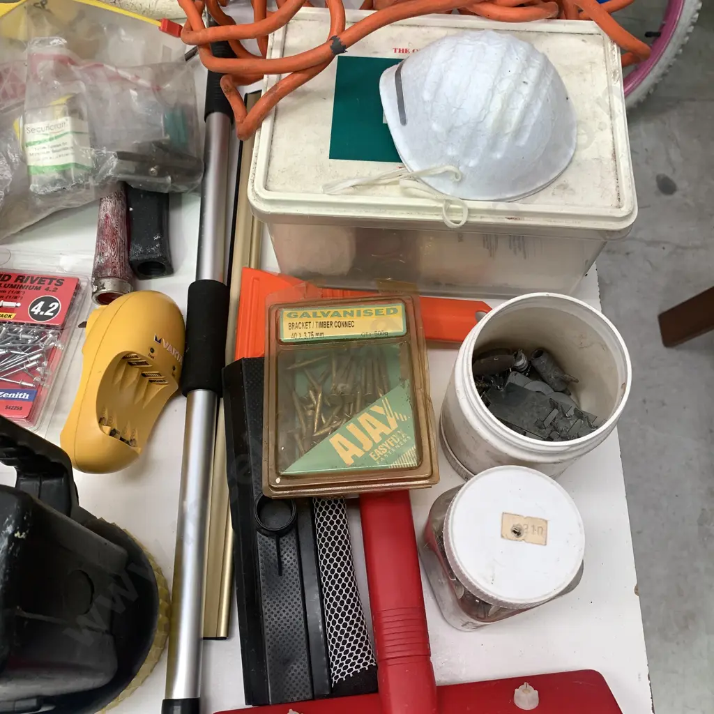Large Box of assorted Garage Items incl Safety Goggles, Cleaners, Electrical Cords and much more Image 1++