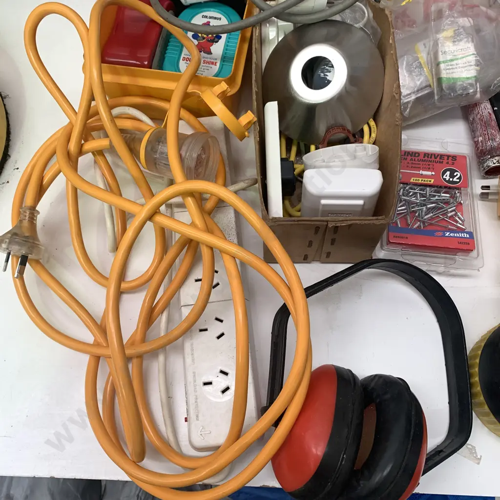 Large Box of assorted Garage Items incl Safety Goggles, Cleaners, Electrical Cords and much more Image 1++