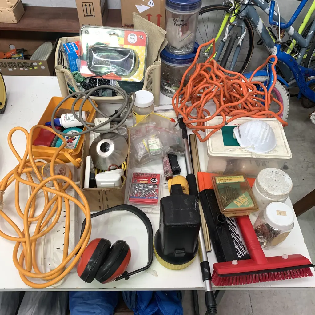 Large Box of assorted Garage Items incl Safety Goggles, Cleaners, Electrical Cords and much more Image 1++