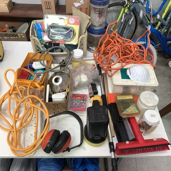 Large Box of assorted Garage Items incl Safety Goggles, Cleaners, Electrical Cords and much more