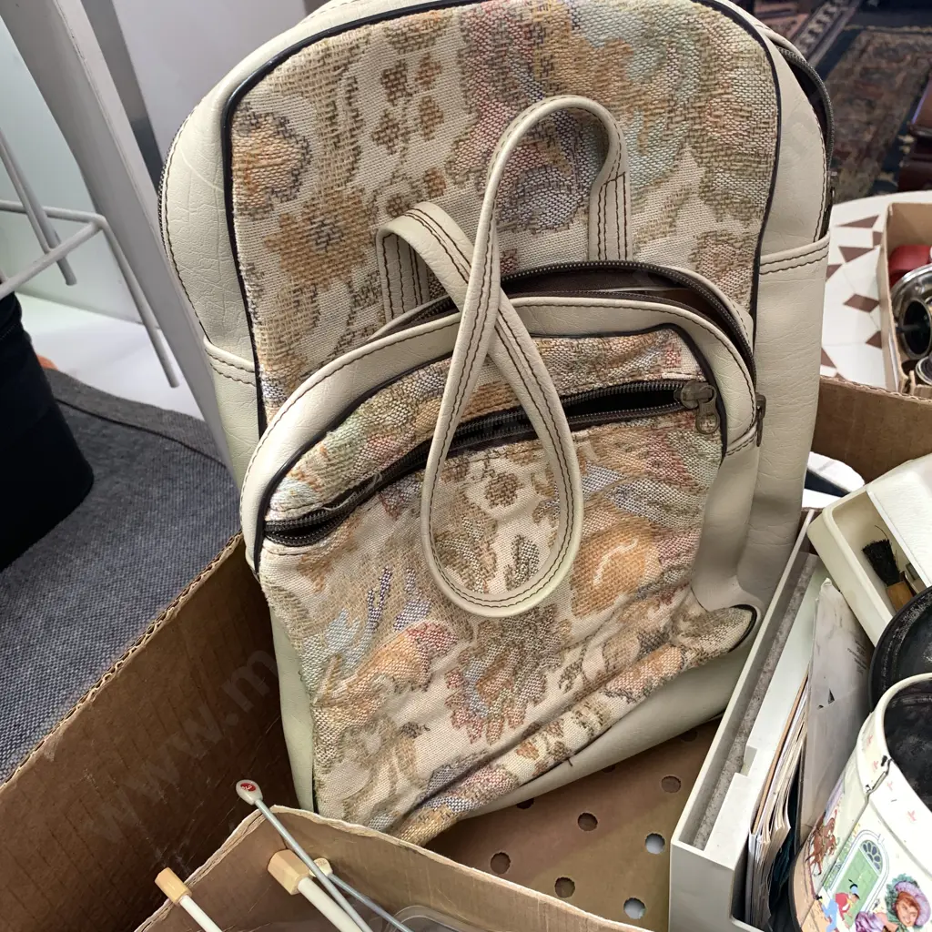 Box of assorted including Vintage Knitting Bag, Knitting Needles, Crochet Books etc Image 1++