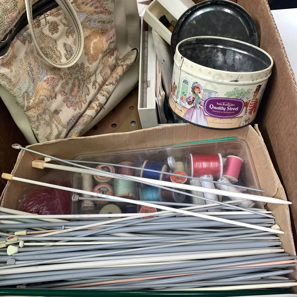 Box of assorted including Vintage Knitting Bag, Knitting Needles, Crochet Books etc Image 1++