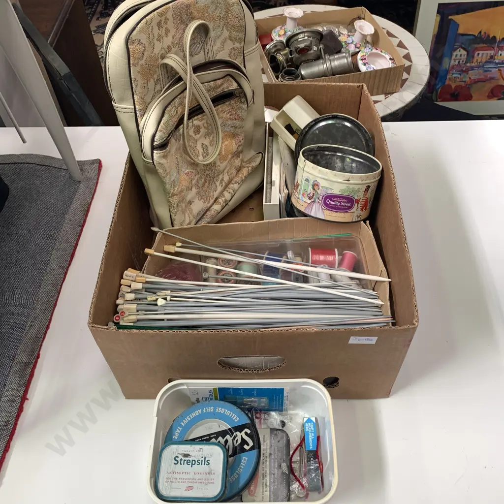 Box of assorted including Vintage Knitting Bag, Knitting Needles, Crochet Books etc Image 1++