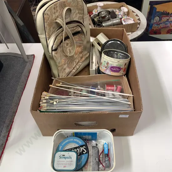 Box of assorted including Vintage Knitting Bag, Knitting Needles, Crochet Books etc