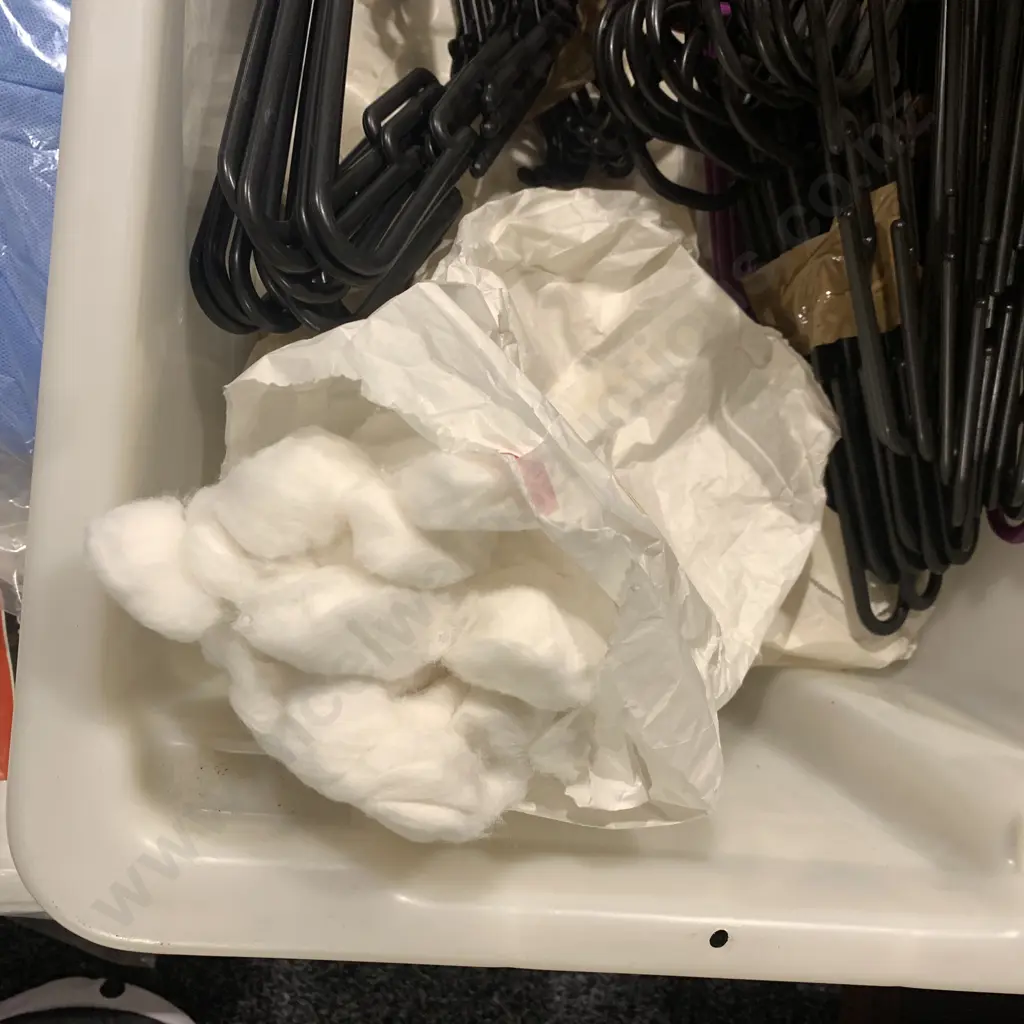 Large Plastic Container/Fish Bin with Lid containing Cotton Balls, Hazmat Overalls, PP Coveralls White and Blue etc Image 1++