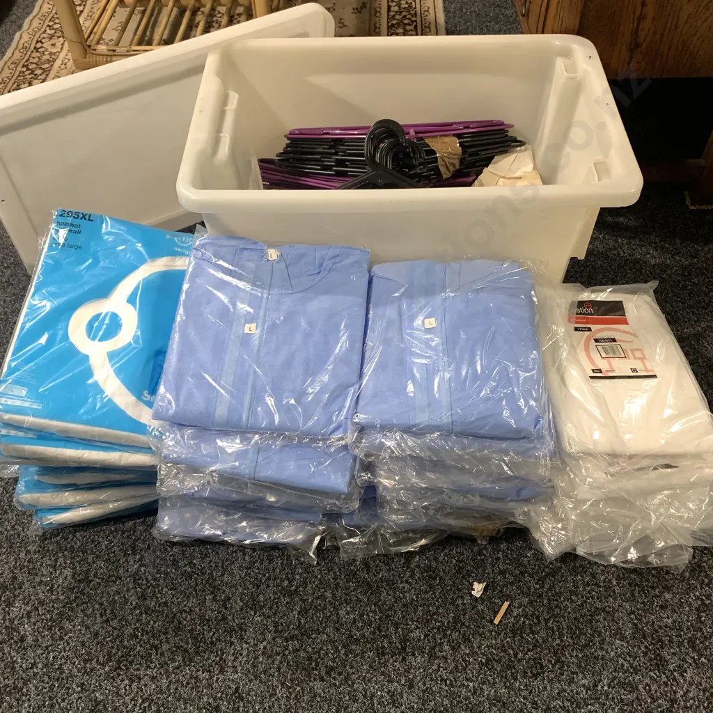 Large Plastic Container/Fish Bin with Lid containing Cotton Balls, Hazmat Overalls, PP Coveralls White and Blue etc Image 1++