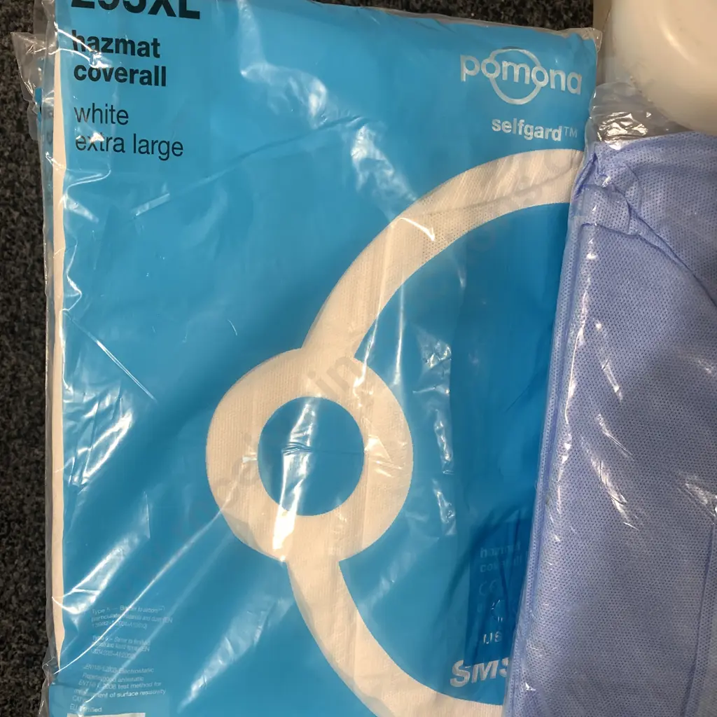 Large Plastic Container/Fish Bin with Lid containing Cotton Balls, Hazmat Overalls, PP Coveralls White and Blue etc Image 1++