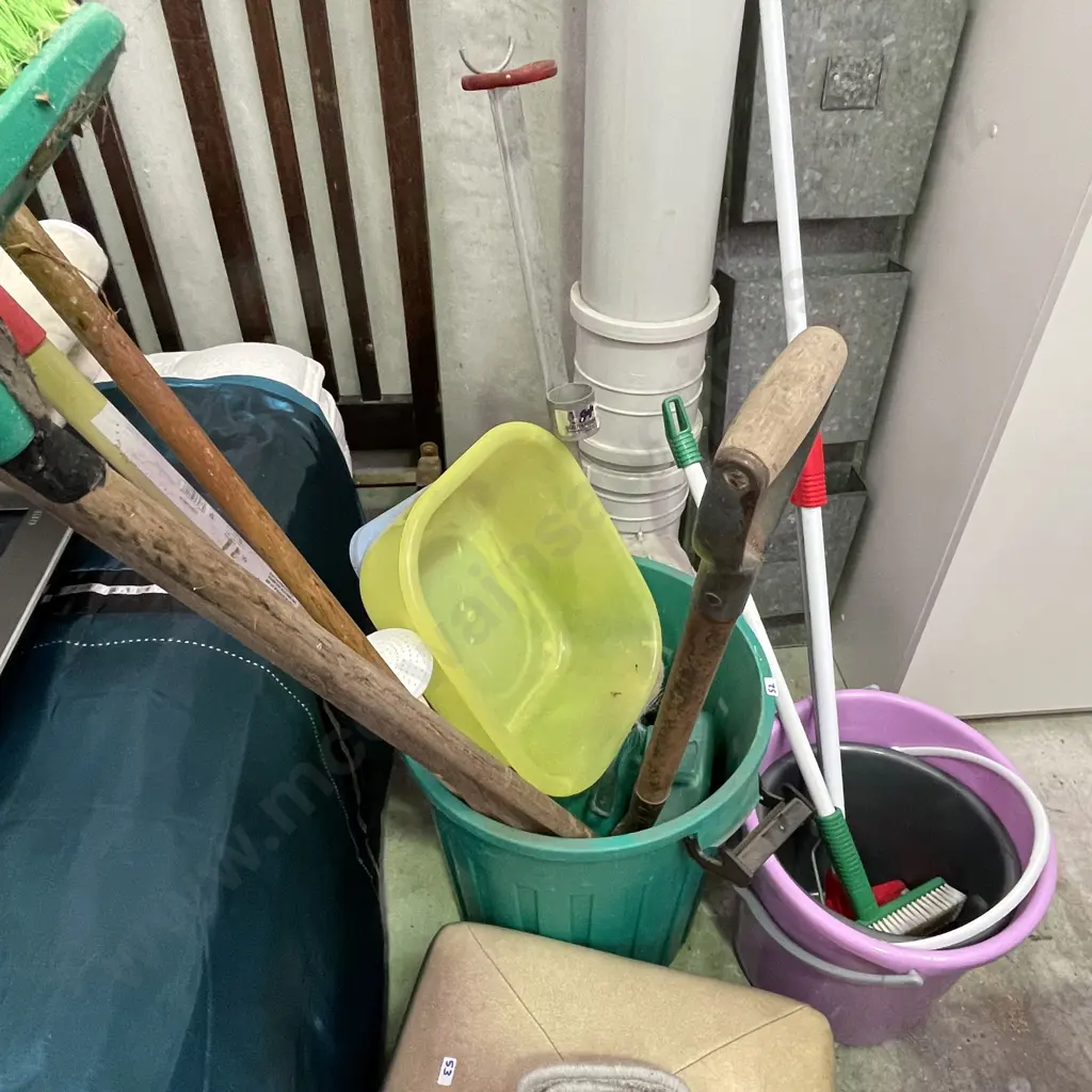 Large Assortment of brooms, rakes, buckets, cleaning items Image 1++