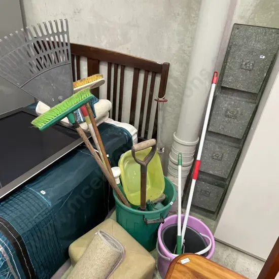 Large Assortment of brooms, rakes, buckets, cleaning items