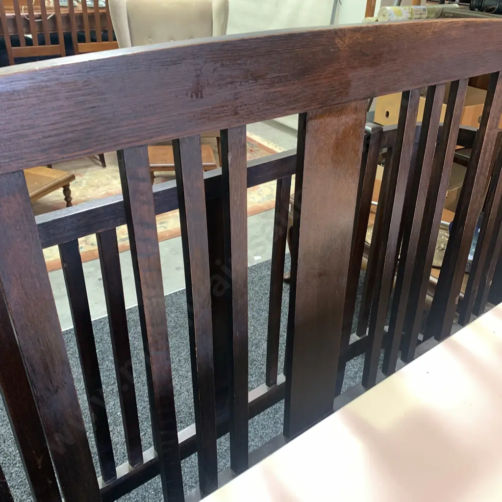 Vintage Solid Oak Double Bed Headboard and Footboard with Solid Metal Rails - on castors. W 138cm Image 1++