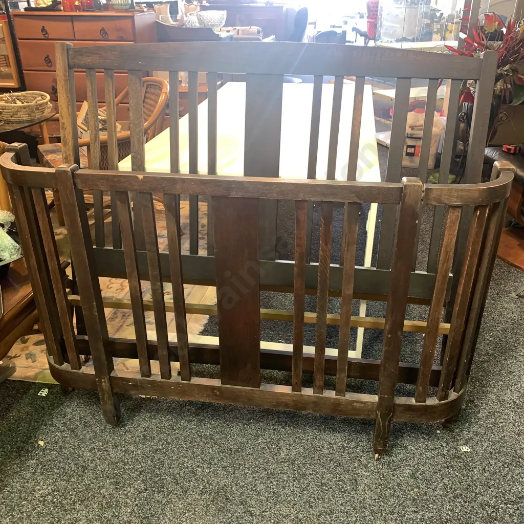 Vintage Solid Oak Double Bed Headboard and Footboard with Solid Metal Rails - on castors. W 138cm Image 1++