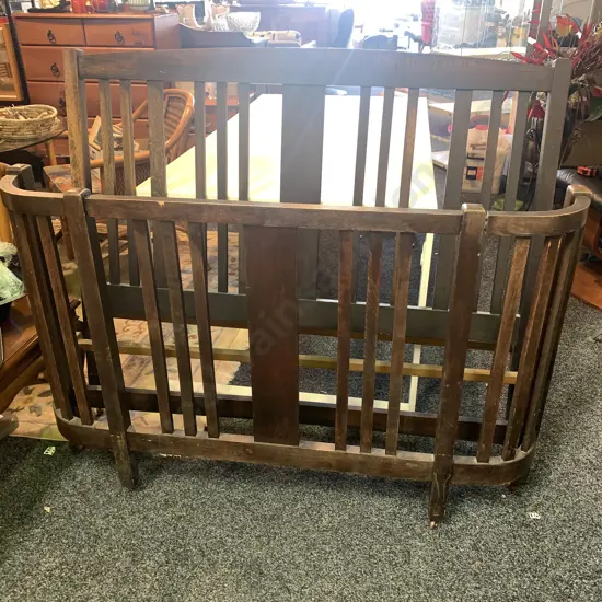 Vintage Solid Oak Double Bed Headboard and Footboard with Solid Metal Rails - on castors. W 138cm