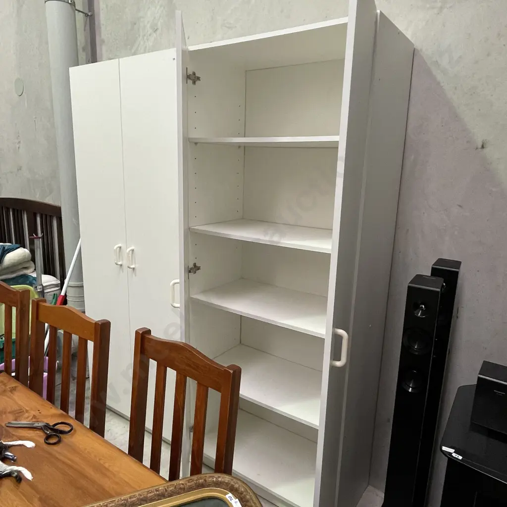 White Painted 2 Door Storage Cupboard. 4 Internal Shelves, H196 W80 D42 Image 1++