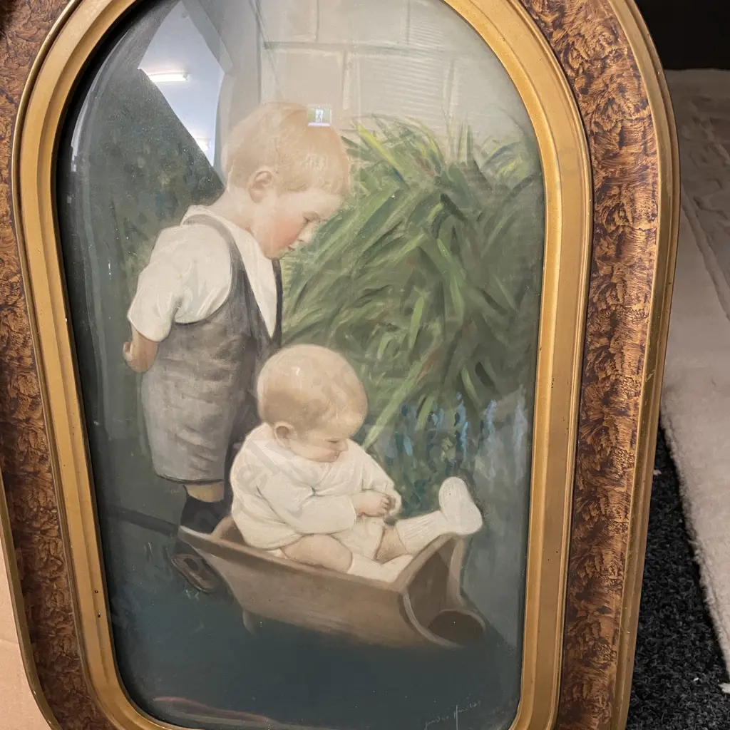 Antique Handcoloured Artwork. Signed. Convex with ornate frame Image 1++