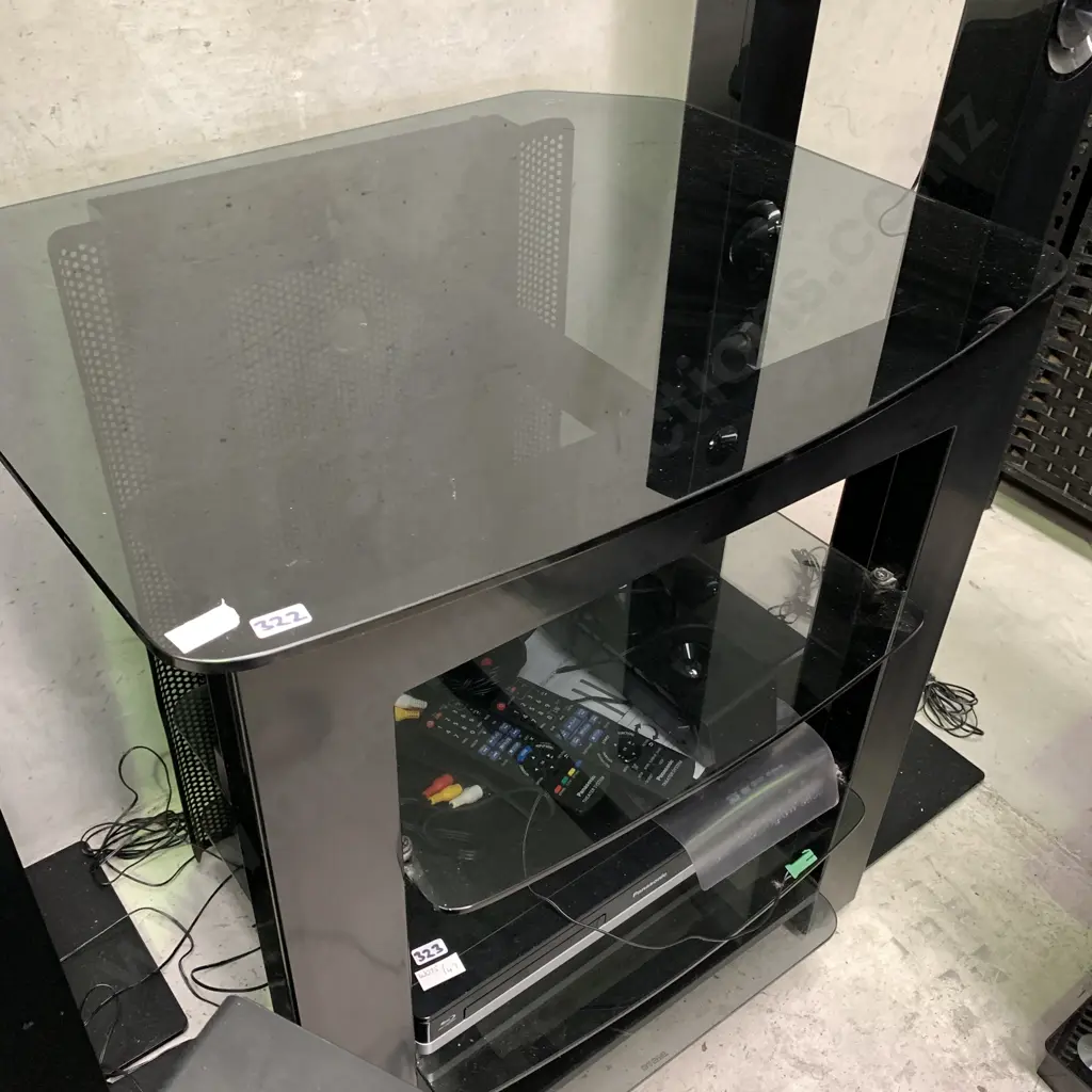 Modernist 4 Tier Entertainment Unit. Black smoke glass. H73 W70 D56cm Image 1++